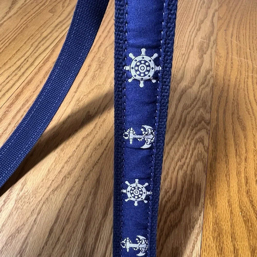 Men's Navy Blue Nautical Anchor Wheel Belt size 38 Preppy Cruise Brown Leather